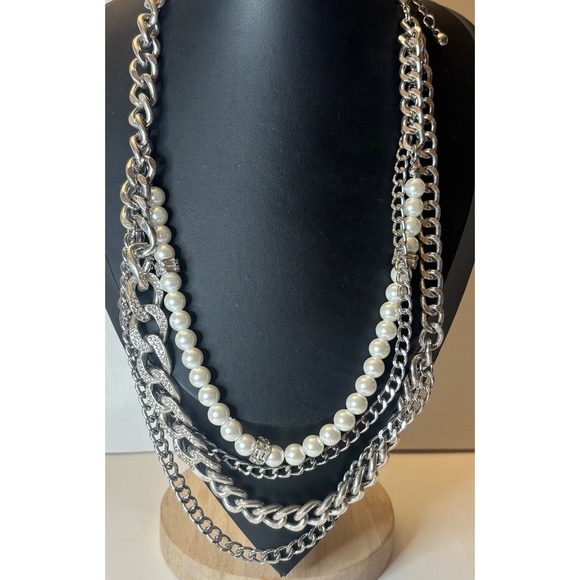 White House Black Market Jewelry - White House Black Market WHBM Silver Tone Multi Strand Pearl Chain Necklace